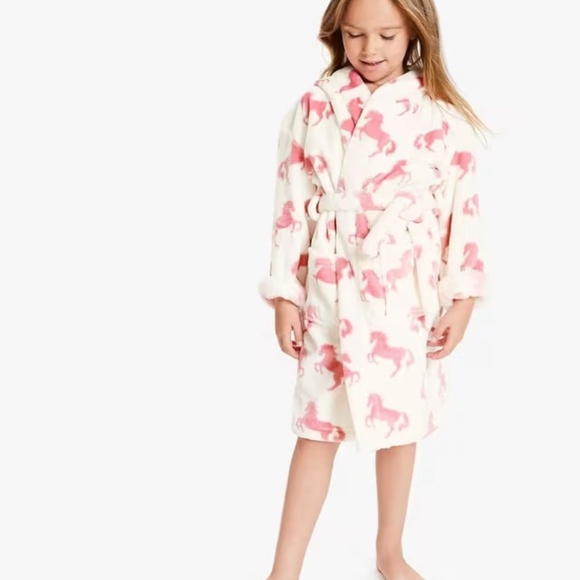 HATLEY Girls' Horse Print Fleece Robe, Cream / Pink, Hooded, 4-5 years - Picture 5 of 8